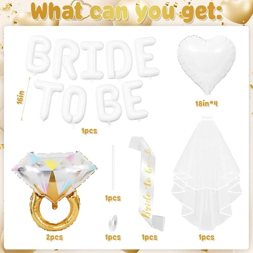Image of White Bachelorette Party Decorations, White Bride to Be Banner Heart Balloons with Diamond Ring Foil Balloon, Gold Bride to Be Sash&Veil for Bachelorette Engagement Gift Bridal Shower Party Supplies