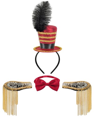 Ringmaster Costume Set for Men Women Circus Ringmaster Hat with Black Shoulder Epaulettes and Red Bow Tie Majorette Soldier Accessory for Halloween Cosplay Carnival Parade