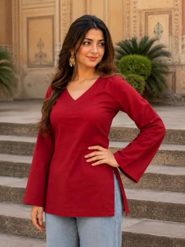Image of Women's Cotton Short Kurti Black Solid Plain V Neck Full Bell Sleeve Casual Stylish Short Kurta for Women for Jeans Daily Girl Top