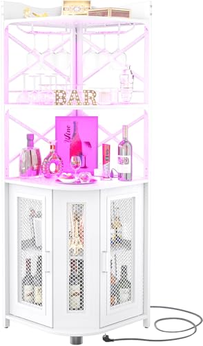 iSunirm Meuble Bar d'angle avec Prise électrique, Meuble à vin Industriel avec Bande LED et Porte-Verres, à liqueurs à 5 Niveaux pour la Maison, vitrine d'angle pour...