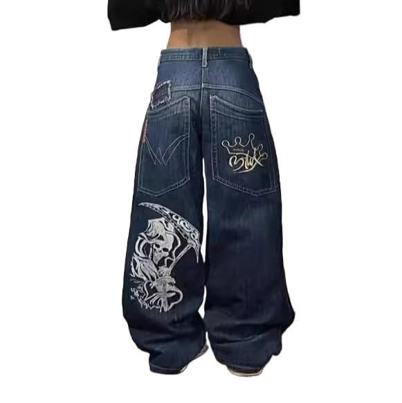 Unisex Y2K Hip Hop Street Jeans Skeleton Printed Gothic Baggy Jeans Vintage High Waist Denim Jeans Wide Leg Pants (Blue,XL,X-Large)