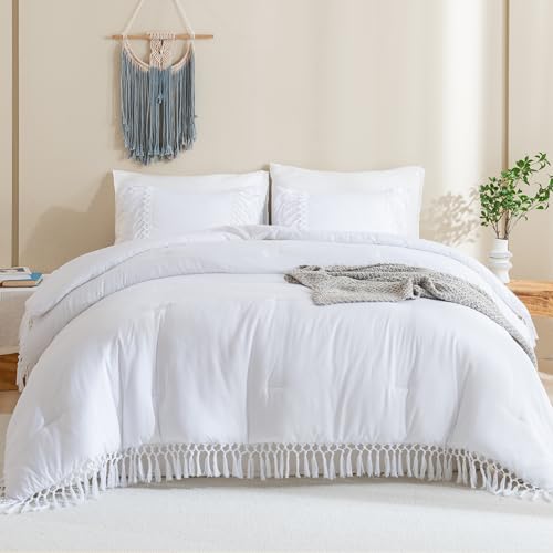 Image of Andency White Comforter Set California King, 3 Pieces Boho Tassel Lightweight Soft Bedding Comforter Sets for King Bed, All Season Fluffy Fringe Bed Set (104x96In Comforter & 2 Pillowcases)