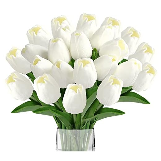 iRenXiao 10 Piezas de Flores de Tulipanes Artificiales Blancos Ramo de Arreglo de Toque Real para la decoración de La Boda de La Oficina de la Habitación del Hogar, Regalo para El díA de La Madre