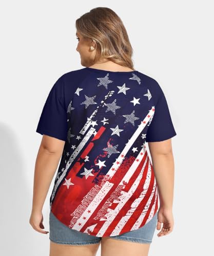 Image of CARCOS Plus Size Tops for Women Short Sleeve Raglan Striped Tee Color Block Crewneck /V Neck Tunic Loose Fit Summer XL-5XL