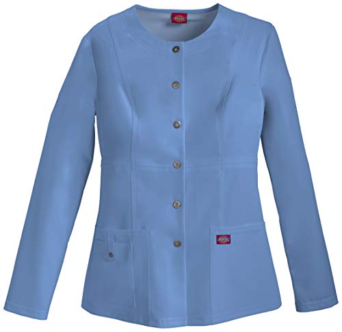 Dickies Women's Xtreme Stretch Crew Neck Snap Front Warm-Up Jacket, Ceil Blue, Large