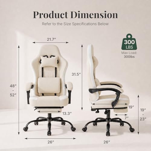 Image of Computer Gaming Chair - High Back Ergonomic Desk Chair with Footrest and Lumbar Support, Height Adjustable Task Chair with Linkage Armrests and Headrest, 360 Swivel Wheels, Khaki