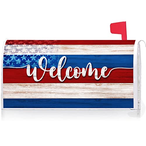 Texupday Welcome Usa Patriotic Stars And Stripes Wooden Board Mailbox Cover With Magnetic Strip 4Th Of July Mailbox Wraps Post Letter Box Cover Standard Size 21" X 18" For Garden Outdoor Yard Decor #TOP23