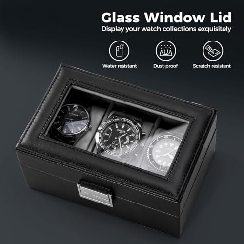 ProCase Watch Box for Men Woman, Mens Watch Organizer, Watch Case with Glass Lid, Anniversary Birthday Valentines Gift -3 Slot, Black by ProCase - Image 3