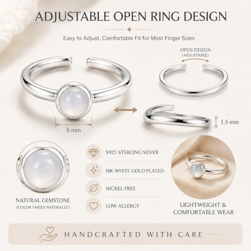 Natural White Agate Ring for Women 925 Sterling Silver Adjustable Open Ring - image 5