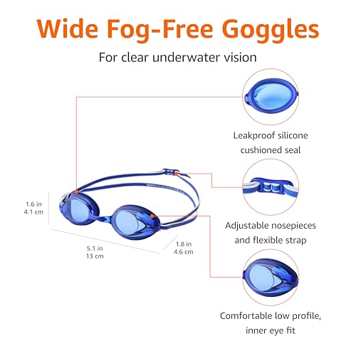 Image of Amazon Basics Unisex Swim Goggles for Adults, Anti-Fog, Unisex, Wide View, 4 Interchangeable Nosepieces