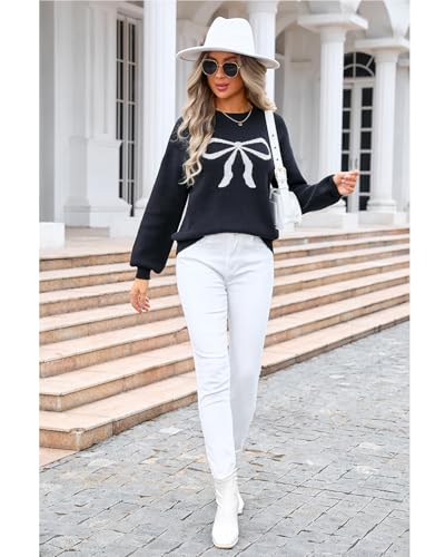 Image of Women's Cute Bow Print Sweater Crewneck Loose Long Sleeve Pullover Knitted Jumper Top