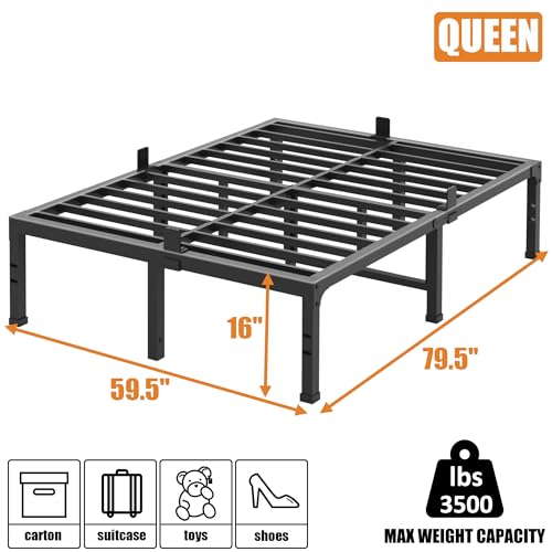 Image of FUIOBYVV Queen Bed Frames, 16 Inch Heavy Duty Metal Platform Bed Frame Queen Size Support Up to 3500 lbs, No Box Spring Needed, Headboard Compatible,Steel Slat Support, Noise Free, Easy Assembly