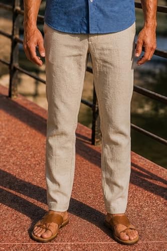 Image of Louis Philippe Men's Regular Straight Fit 100% Cotton Solid Elasticated Dobby Casual Trousers