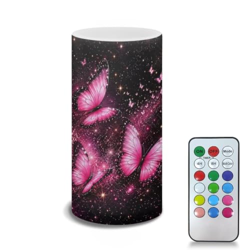 Image of Poceacles Flameless Light Candles Battery Operated Candles with Color Changing Timer Remote Control Tealights for Home Beach Dinner Party Banquet Decor, Butterfly Galaxy Pink