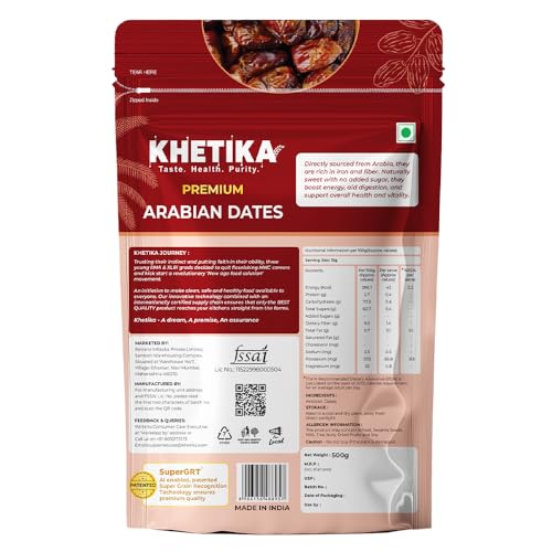 Image of Khetika Premium Arabian Dates 500g | Khajur, Khajoor | Dry Fruits | Dates in Fresh | Healthy Snacks | Rich in Fibre | No Added Sugar