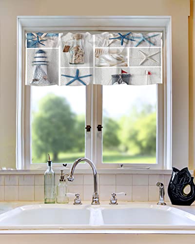 Nautical Valance Curtain For Window,Coastal Lighthouse Starfish Collage Plaid Rod Pocket Kitchen Valances Short Curtain Panel Summer Beach Conch Window Treatment Drape For Bathroom/Bedroom/Cafe #TOP7