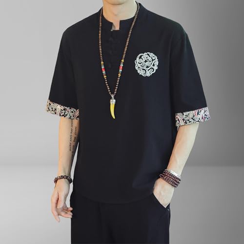 Chemise d'été homme style chinois rétro ample manches courtes coton lin