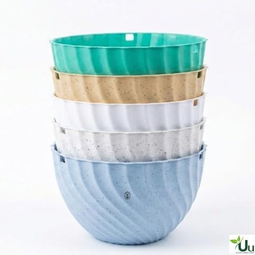 Image of Urban Upvan Hanging Planters with Chain | Uv-Protected Rattan Style Plastic Flower Pots for Balcony, Indoor Plants, Garden, Terrace & Home Decor Multicolour (Set of 5)