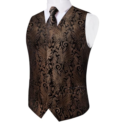 Image of DiBanGu Mens Vest and Tie Set Formal Paisley Waistcoat and Necktie Pocket Square Cufflinks Silk Suit Vest for Tuxedo Wedding