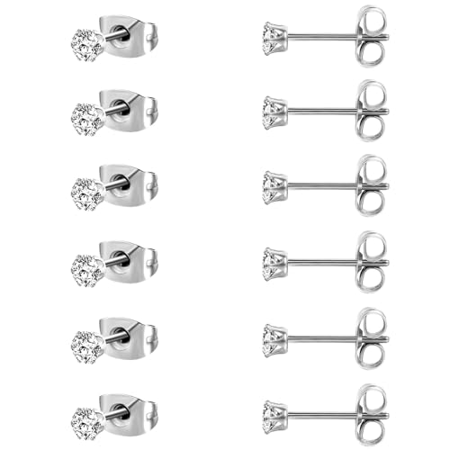 18K White Gold Plated Earrings Set 3 MM Round Clear