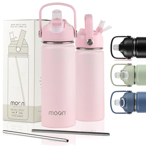 Moon Bottles - Insulated Water Bottle with Straw - Stainless Steel Sports Drink Bottle, Thermal Flask, 24hr Cold, 12hr Hot, Double Walled, Metal Straw, Silicon Spout, UK Company (500ml, Pink)