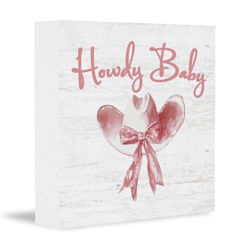 Image of CUANFDDSF Trendy Pink Bow Howdy Baby Cowgirl Hat Wooden Box Sign, Girly Western Coquette Decor, Country Dorm Decor Preppy Decor, Wall Desk Shelf Tabletop Decoration 142MH-YC