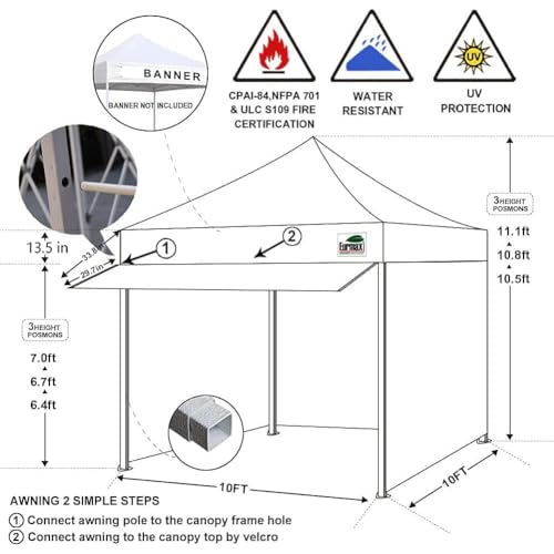 Eurmax USA 10 x 10 Pop up Canopy Commercial Tent Outdoor Party Canopies with 4 Removable Zippered Sidewalls and Roller Bag Bonus 4 Canopy Sand Bags & 24 Squre Ft Extended Awning(White)
