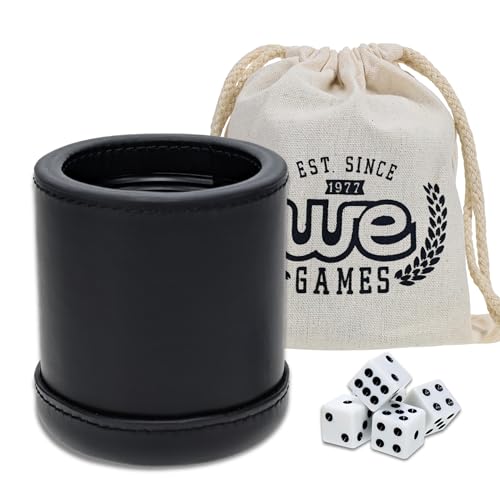 WE Games Professional Handmade Black Leather Dice Cup Set, Comes with 5 Standard Game Dice & Cloth Bag, Dice Roller for Liars Dice Farkle & Board Games, Durable Stitched Dice Cups