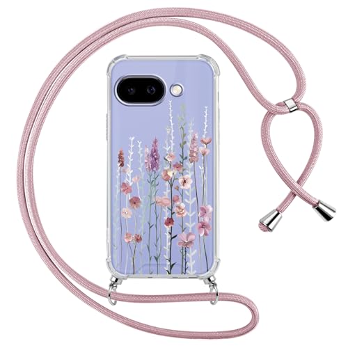 Yoedge Coque avec Cordon pour Google Pixel 9a 5G 6,2", Transparente Aesthetic Motif Fleur Étui Collier Réglable Tour de Cou Lanière Corde Lanyard Case, Silicone TPU + PC Antichoc Housse Cover,03