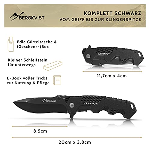 BERGKVIST K9 Folding Knife (One-Handed Knife) - Sharp Pocket Knife for Outdoor & Survival with Black Stainless Steel Blade, Whetstone & Belt Bag - Image 4