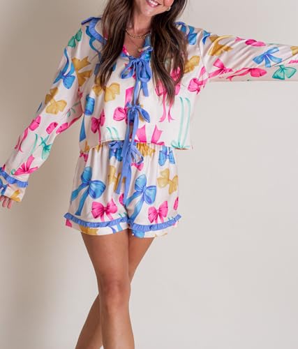 Image of Yiulangde Valentines Heart Bow Pajamas for Women Silk Satin Ruffle Shorts Pjs Tie Front Long Sleeve Shirts Pajamas with Bows