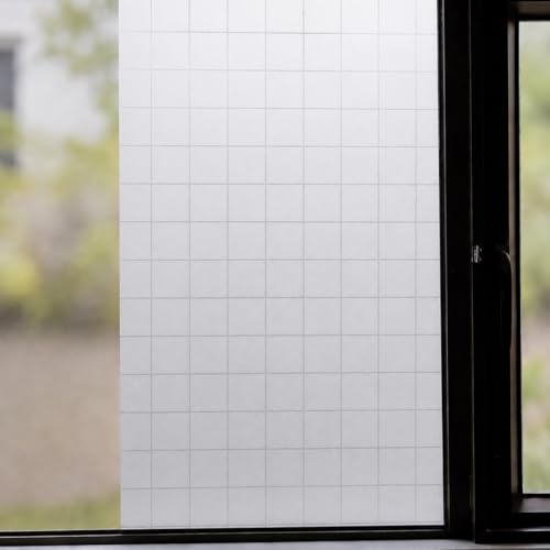 Image of CVANU Frosted Grid Privacy Window Film, Decorative 1.5 Inch Square Pattern Self Adhesive Waterproof Vinyl Covering Sheet for Glass Door, Windows, Bathroom, Home & Office Use (24 x 25 Inch)