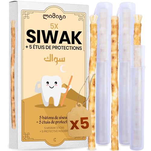 MODOGO 5 Bâtons de Siwak + 5 Étuis de Protection - سواك Miswak Brosse à Dents Ecologique - 100% Naturelle - Hygiène Zéro-Déchets - Vegan