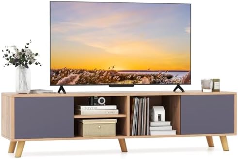 COSTWAY TV Schrank Bambus, TV Lowboard mit Rattan- & Glasschiebetüren, Fernsehtisch mit 2