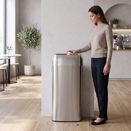 Image of iTouchless 30 Gallon 114L Oval Open Top Stainless Steel Extra-Large Commercial Trash Can with Wheels, 2 AbsorbX Odor Filters | ADA Compliant Bin for Restaurant Restroom Hotel Office Healthcare Retail