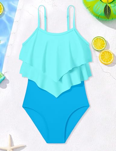 Image of Girls Swimsuit Color Block One Piece Swimsuit 2-Tiered Ruffle Bathing Suit Adjustable Strap Girls' Swimwear 7-16Y