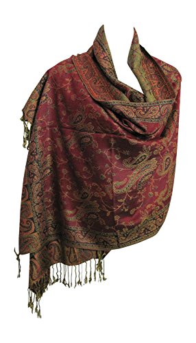 Reversible Jacquard Paisley Pashmina Silk Fringe Shawl Wrap Scarf