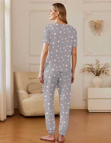 Image of Ekouaer Pajamas for Women Set 2 Pack Lounge Set Short Sleeve Pjs Joggers Long Pants Loungepwear with Pockets