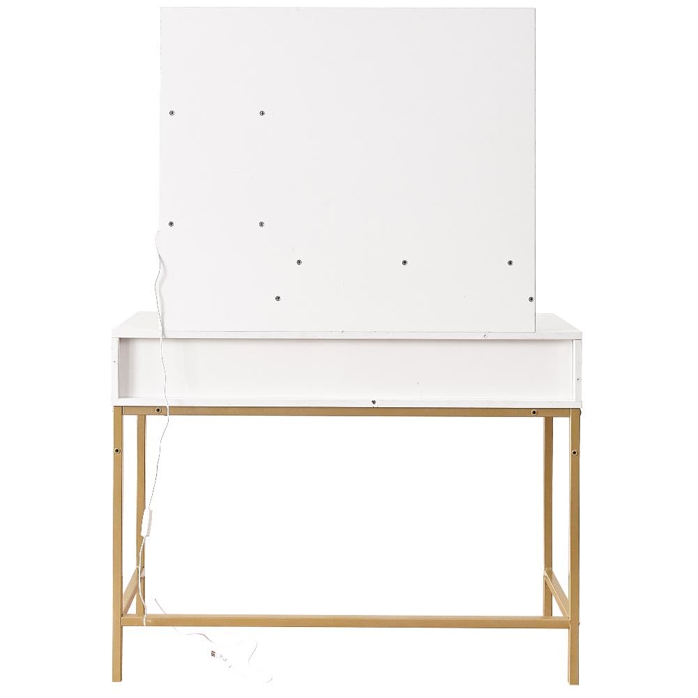 Shally Dogan Toeletta Trucco con Sgabello Modello Sofia con 10 Lampade Led, Specchiera con Tavolo e Cassetti in Legno Bianco, Seduta Comoda Imbottita, Specchio Postazione Make Up, Luce Fredda e Calda