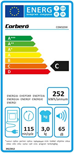 Corbero-CSM320W-Secadora-de-evacuacion-Carga-Frontal-3-Kgs-Evacuacion-Display-LED-Color-Blanco-5-Programas-Secado-Rapido-45-Min-Apertura-180o-65dB-Eficiencia-Energetica-C
