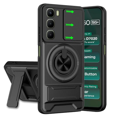 Image of Infinix Hot 60 5G Back Cover | Armor Camera Slider 360 Degree Rotating Finger Ring Holder Case with Bracket Stand Back Case Cover (Compatible with MagSafe Accessories) (Black)