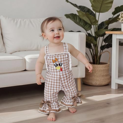 Toddler Baby Girl Thanksgiving Outfit Overalls Turkey Romper Cute Gingham Bell Bottom Suspender Jumpsuit2