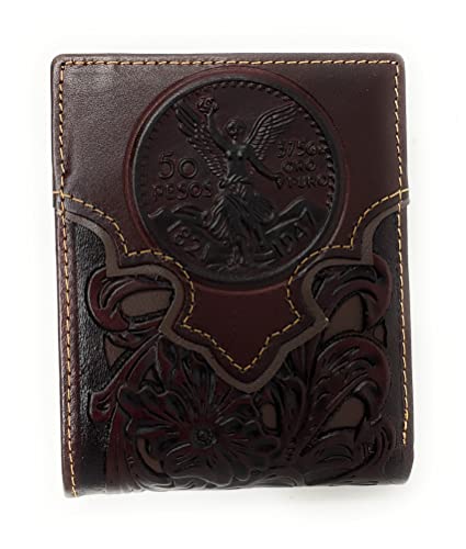 Western Men's Cowboy Leather Floral Tooled Laser Cut Mexican 50 Pesos Short Wallet in 5 colors (Coffee)