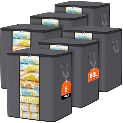 SpaceTrove Clothes Storage Bags, 6-Pack Comforter Blanket Organizers, 80L Large Capacity Containers with Visual Window for Clothing, Quilt, Sheet, Pillow, Closet Organization for Bedding (Grey)