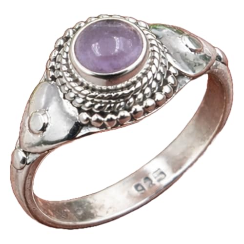 Pure 925 Sterling Silver Round Amethyst Ring Natural Purple Amethyst Cabochon Stone, Floral Vintage Design, Handmade Statement Silver Jewelry Gift for Unisex (5)
