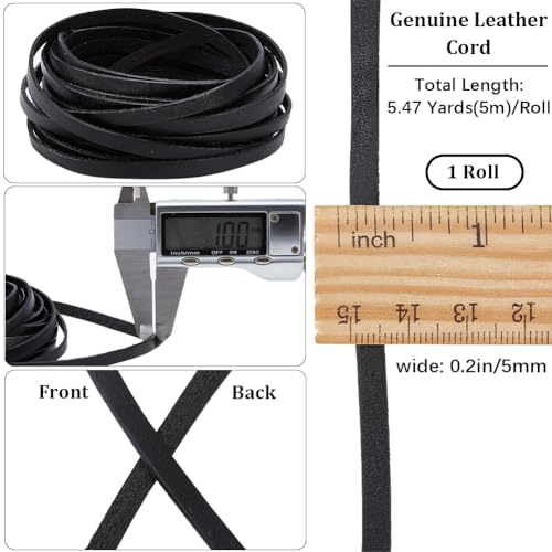 GORGECRAFT 5m Black Leather Strap Strips 5mm Wide Genuine Leather String Flat Leather Cord 1mm Thick Cowhide Rope Braiding Thread for Bracelets Necklace Jewelry Making Boot Lace DIY Crafts Workshop - Image 2
