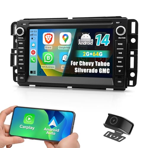 Car Stereo Radio for Chevrolet GMC Silverado Tahoe YukonAndroid 14 2GB+64GB CarPlay & Android Auto Bluetooth WiFi GPS Navigation 7 IPS Touch Screen HD Backup Camera Steering Wheel Control