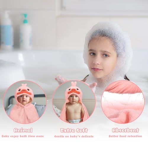 Image of Toddler Bath Towels Age 1-2, Soft Absorbent Animal Hooded Towel for Kids Girls, 2 Pack 50 inch x 32 inch Large Thick Baby Towels with Hood, White Panda & Pink Duck Set