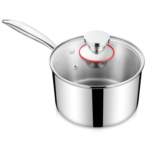 Homikit Stielkasserolle 18cm, 3-Lagen Edeastahl Kasserolle mit Glasdeckel, Kochtopf Induktion 2,7L, Milchtopf für alle Herdarten zum Kochen