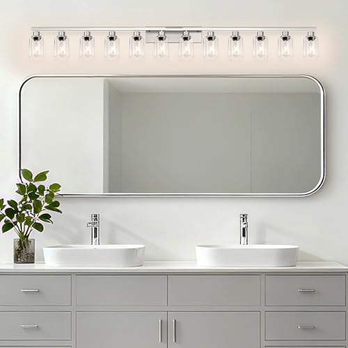 Image of Brushed Nickel Bathroom Vanity Light, 12 Light Brushed Nickel Bathroom Lighting fixtures Over Mirror, Brushed Nickel Bathroom Vanity Lights Wall Lighting for Mirror Bedroom, Living Room